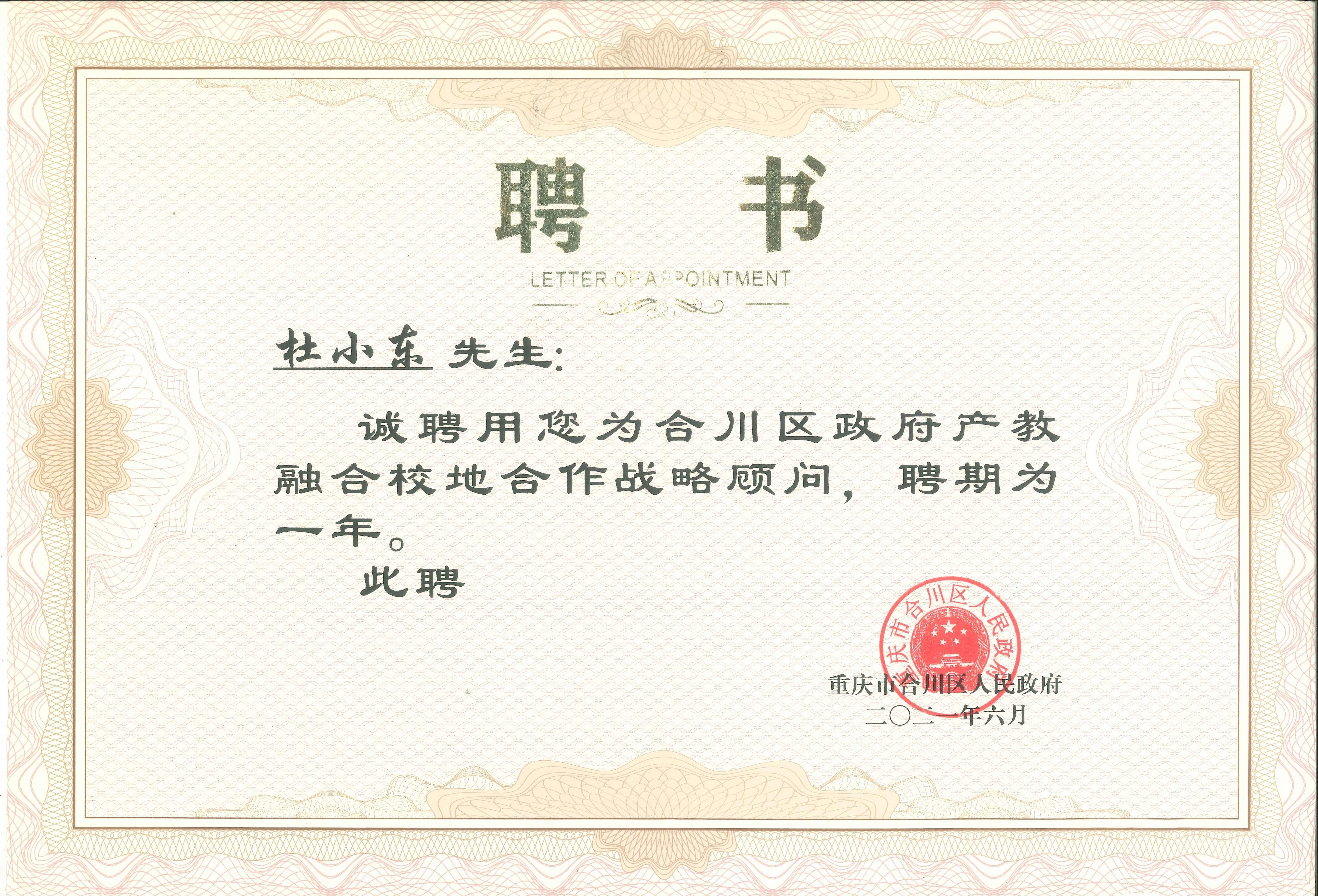 重庆市合川区人民政府聘请杜小东为“政府顾问”