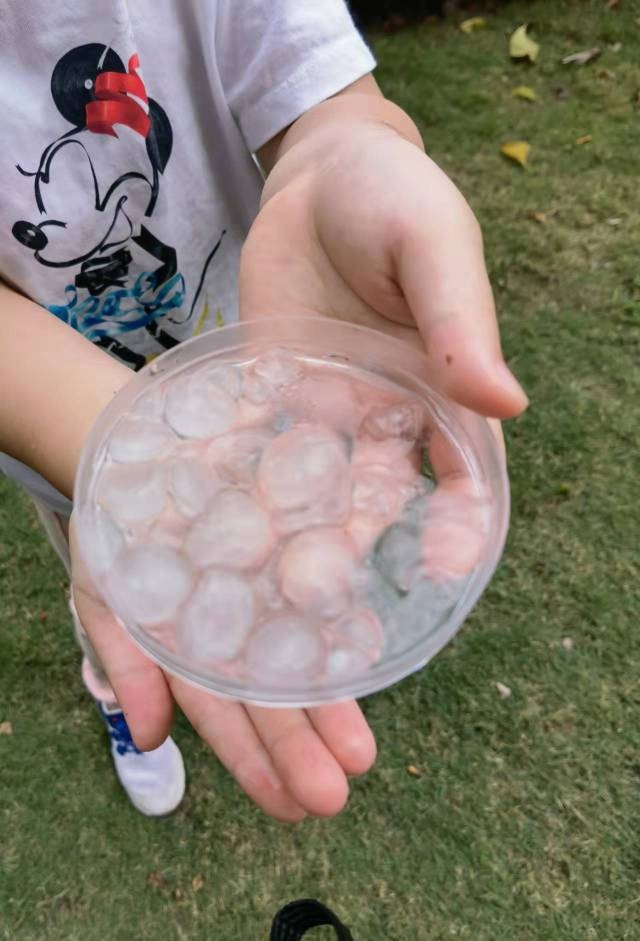 孩子跑到楼下捡冰雹