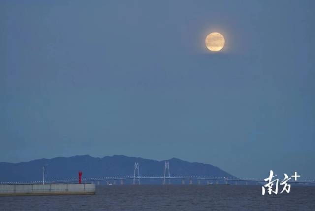 超级月亮从港珠澳大桥中国结上方升起。南方拍客過長城摄