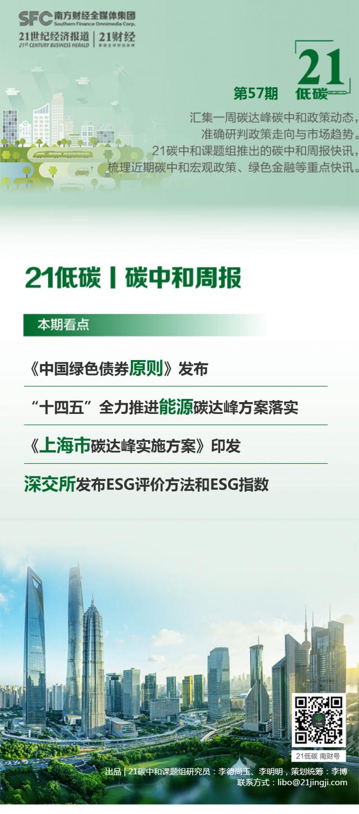 碳中和周报（第57期）丨《中国绿色债券原则》发布；国家能源聚享游局：“十四五”全力推进能源碳达峰方案落实；《上海市碳达峰实施方案》印发(图1)