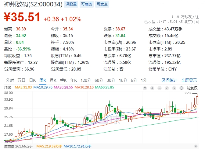 今年以來,累計上漲65%,截至11月17日收盤,神州數碼總市值約238億元